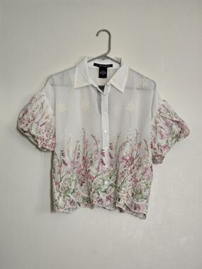 Los Angeles Apparel White Sheer Floral Embroidered Button-Down
